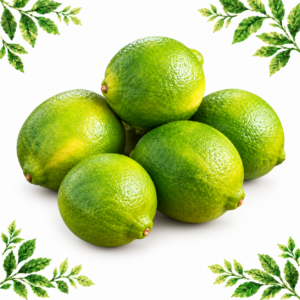 Five whole green limes on a white background framed by illustrated green leaves.