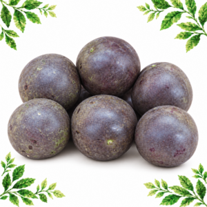 Six whole round purple passion fruits on a white background framed by illustrated green leaves.