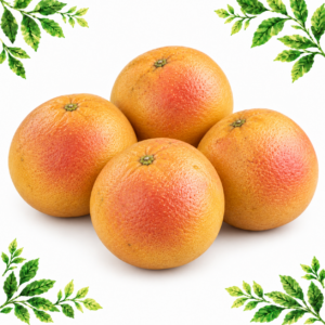 Four whole grapefruit with yellow-orange peel and pink blushes on a white background framed by illustrated green leaves.