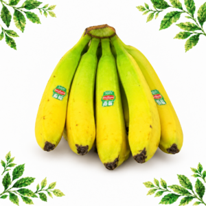 Bunch of yellow bananas with green stems on a white background framed by illustrated green leaves.