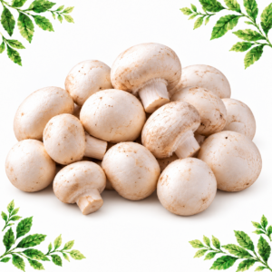 Pile of white cup mushrooms with rounded caps and short stems on a white background framed by illustrated green leaves.