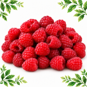 A pile of red raspberries on a white background framed by illustrated green leaves.