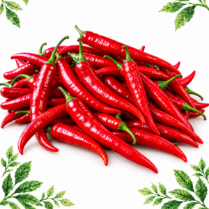 A pile of long red chillies with green stems on a white background framed by illustrated green leaves.