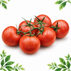 Six red tomatoes attached to a green vine on a white background framed by illustrated green leaves.