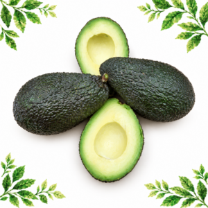 Two whole dark-green avocados and two halves with the stones removed, on a white background framed by illustrated green leaves.