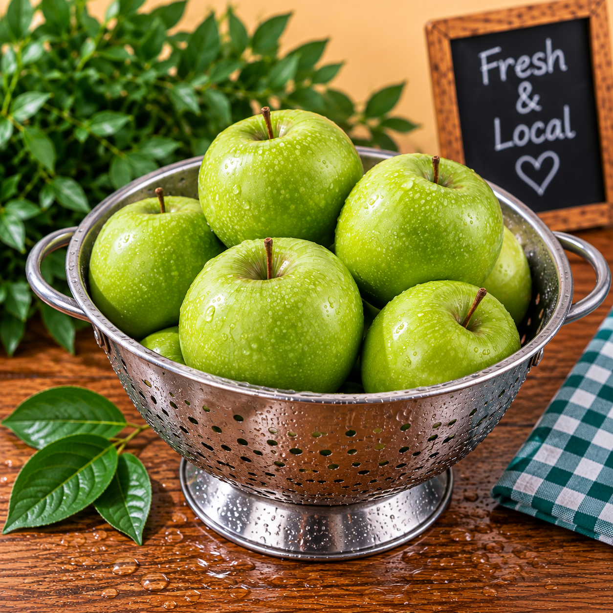 Fresh Crisp Granny Smith Apples freshly washed in a metal colander