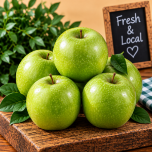 Fresh Crisp Granny Smith Apples with bright green skin displayed on rustic wood