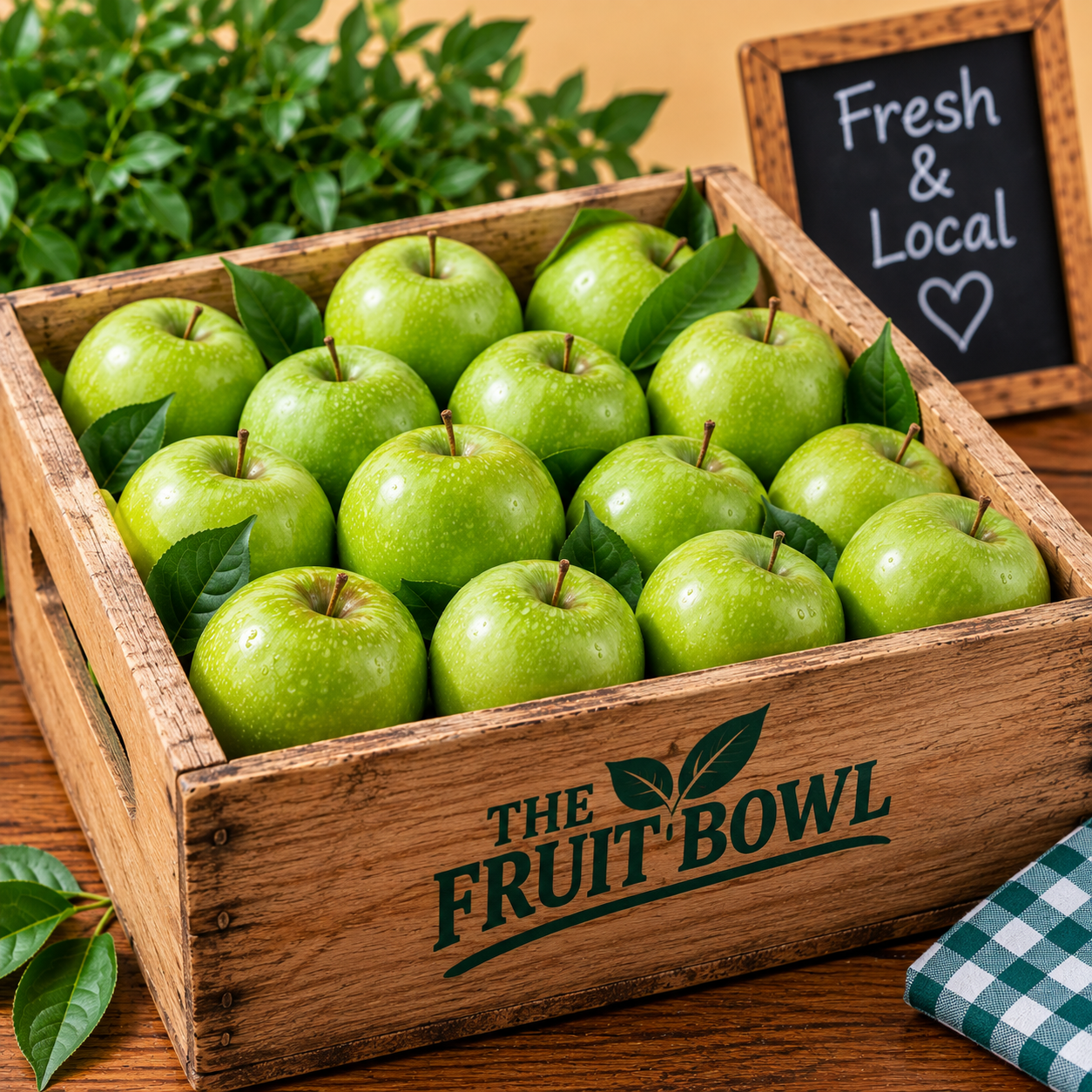 Fresh Crisp Granny Smith Apples displayed in The Fruit Bowl wooden market crate