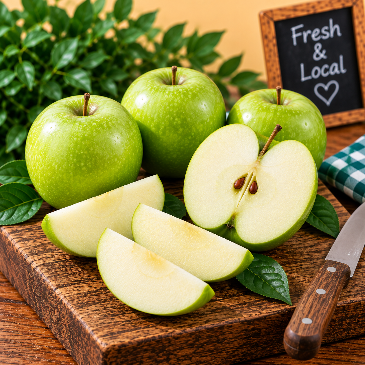 Fresh Crisp Granny Smith Apples whole and sliced showing their crisp pale flesh