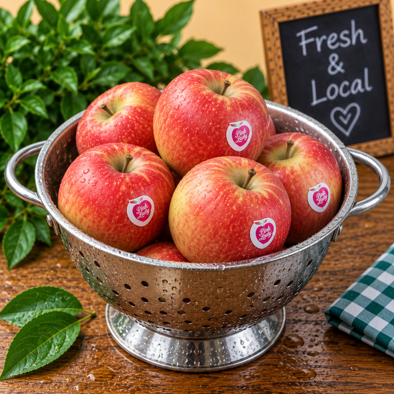Fresh Crisp Pink Lady Apples freshly washed in a metal colander