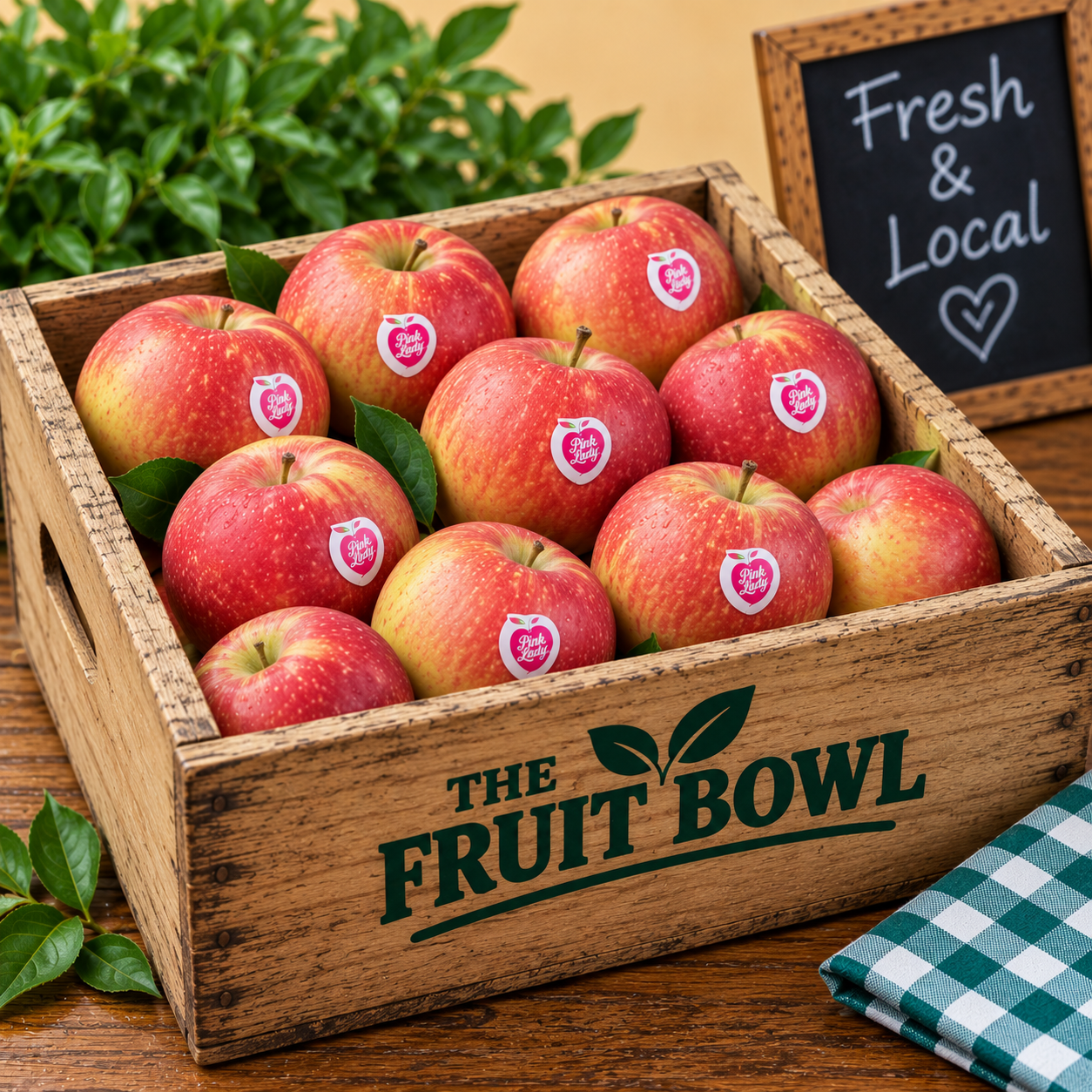 Fresh Crisp Pink Lady Apples displayed in The Fruit Bowl wooden market crate