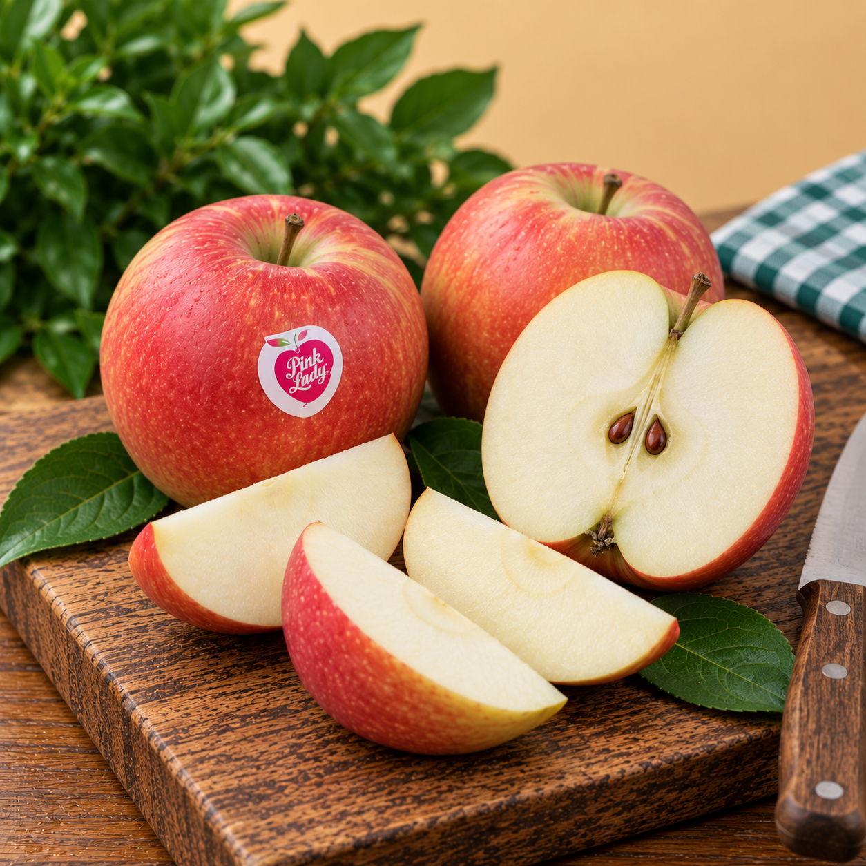 Fresh Crisp Pink Lady Apples whole and sliced showing their crisp pale flesh