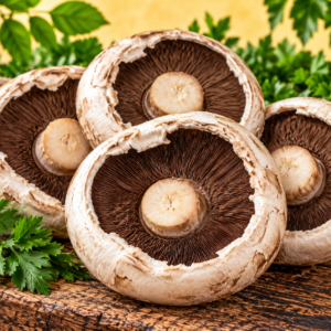 Fresh Flat Field Mushrooms large gourmet mushrooms with dark gills