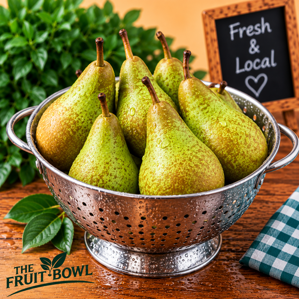 Fresh Juicy Conference Pears freshly washed in a metal colander