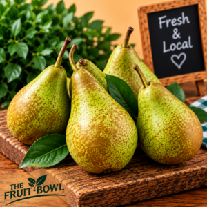 Fresh Juicy Conference Pears with green and russet speckled skin on rustic wood