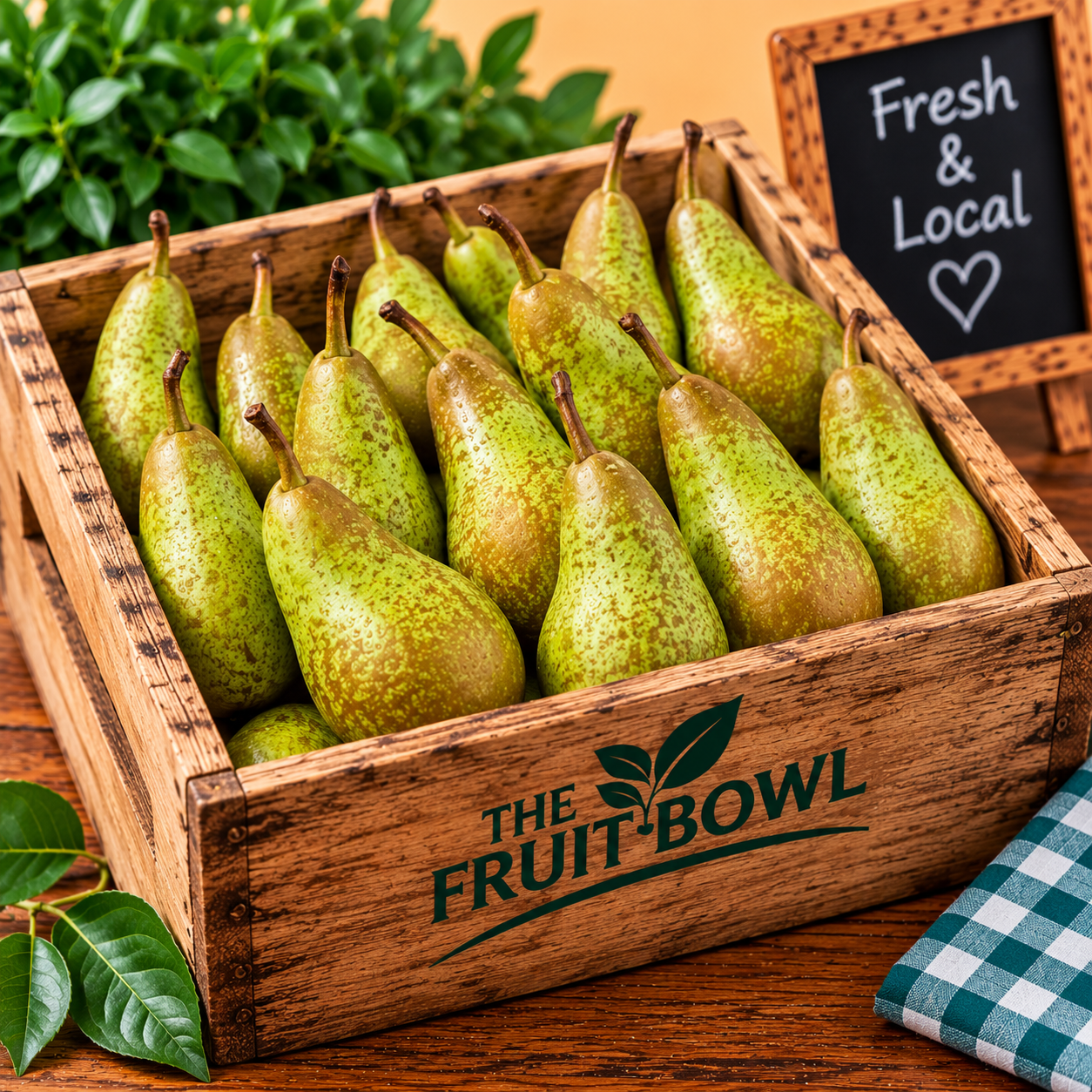 Fresh Juicy Conference Pears displayed in The Fruit Bowl wooden market crate
