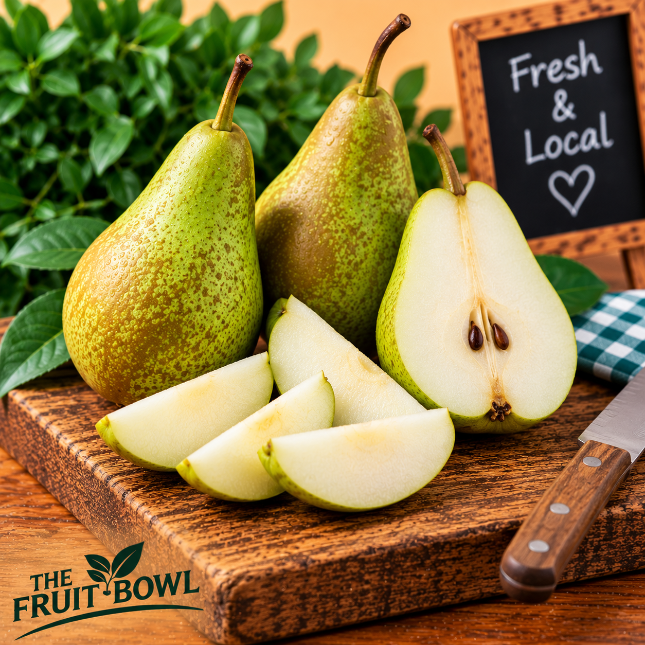 Fresh Juicy Conference Pears whole and sliced showing their soft juicy flesh