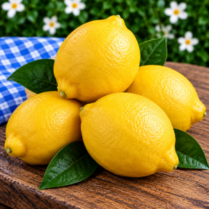 Fresh Juicy Lemons displayed on rustic wood with fresh green citrus leaves