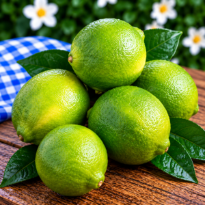 Fresh Juicy Limes displayed on rustic wood with fresh green citrus leaves