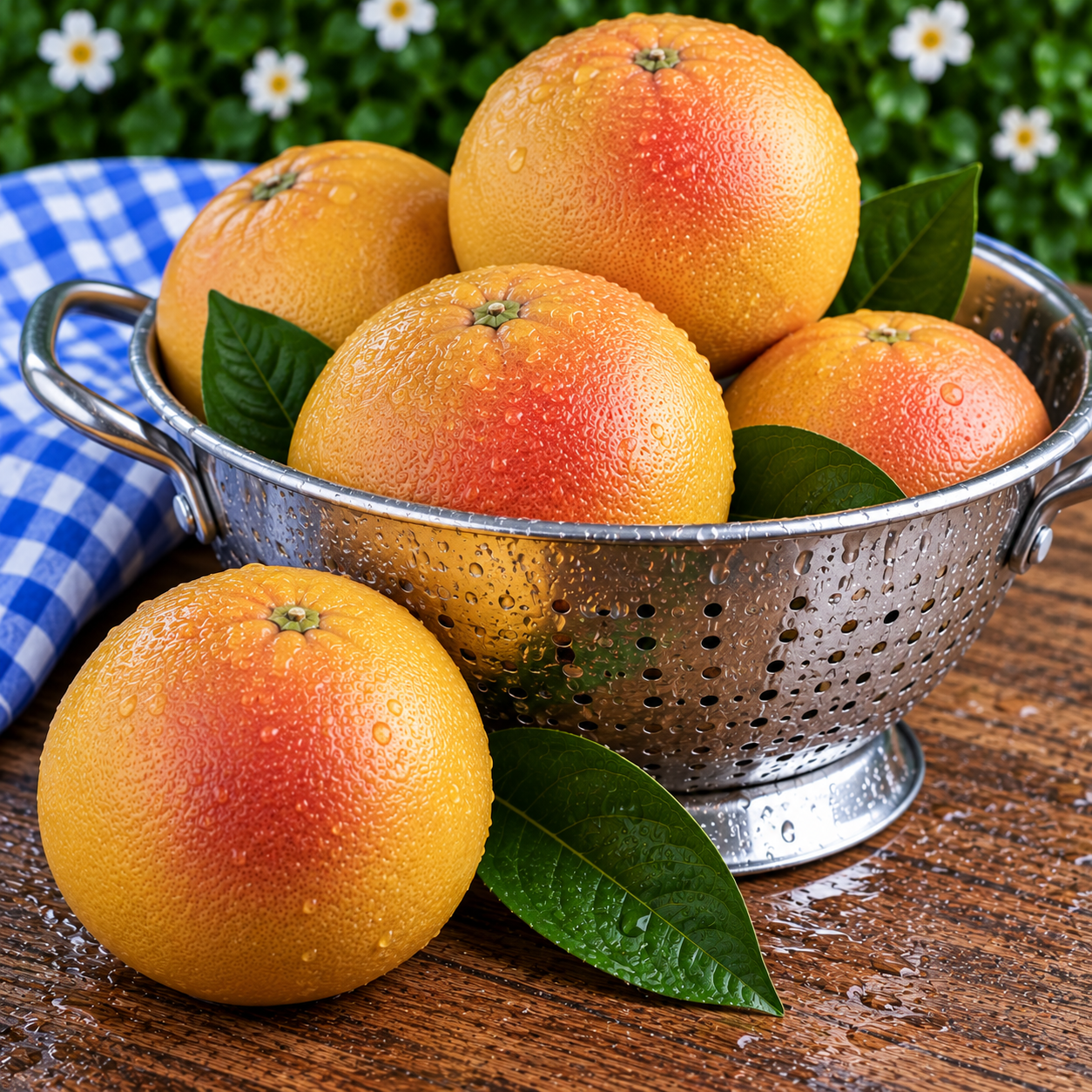 Fresh Juicy Pink Grapefruit freshly washed in a metal colander