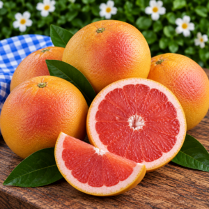 Fresh Juicy Pink Grapefruit whole and cut open showing its juicy pink-red flesh