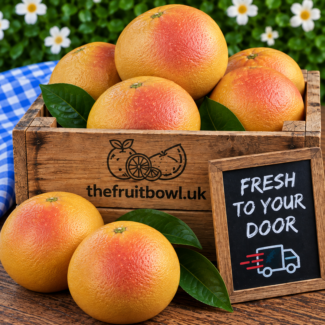 Fresh Juicy Pink Grapefruit displayed in The Fruit Bowl wooden market crate