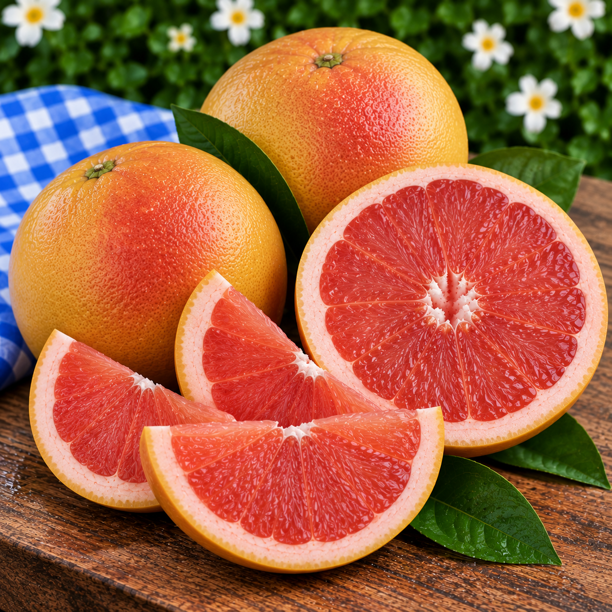 Fresh Juicy Pink Grapefruit whole and cut into wedges showing its pink-red flesh