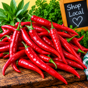 Fresh Long Red Chillies displayed on rustic wood with green foliag