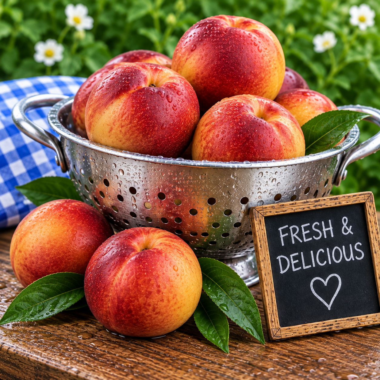 Fresh Premium Juicy Nectarines freshly washed in a metal colander