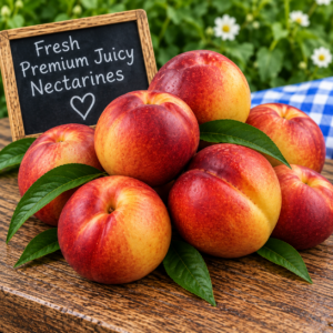 Fresh Premium Juicy Nectarines displayed on rustic wood with green leaves