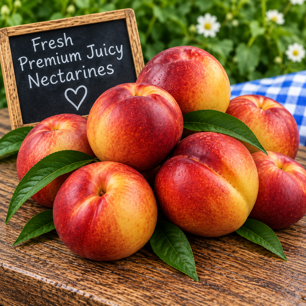 Fresh Premium Juicy Nectarines displayed on rustic wood with green leaves