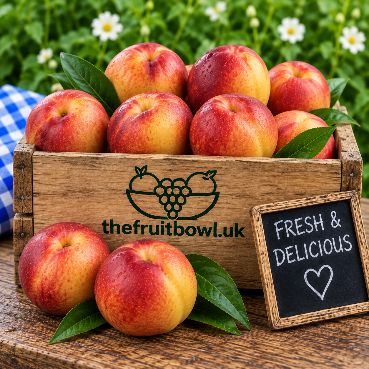 Fresh Premium Juicy Nectarines displayed in The Fruit Bowl wooden market crate