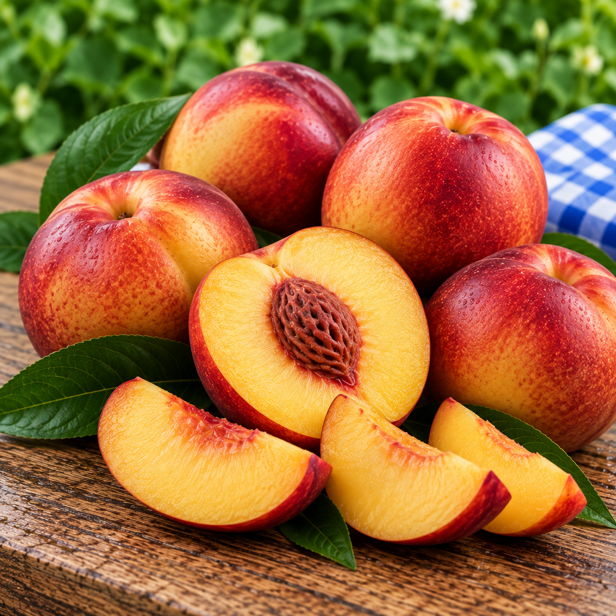 Fresh Premium Juicy Nectarines whole and cut open showing their golden juicy flesh and stone