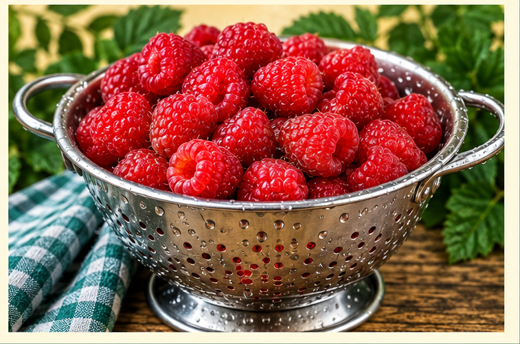 Freshly washed raspberries in a metal colander