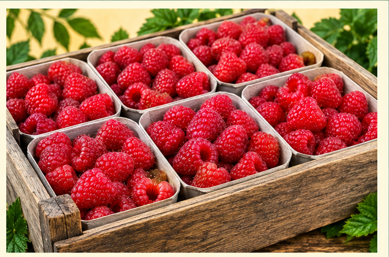 Fresh raspberries displayed in a rustic wooden market crate