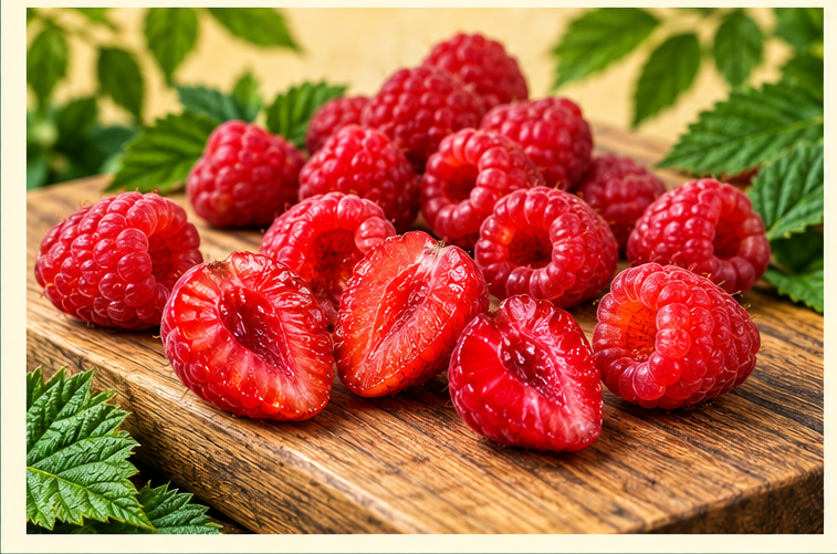 Fresh raspberries whole and cut open on a wooden board