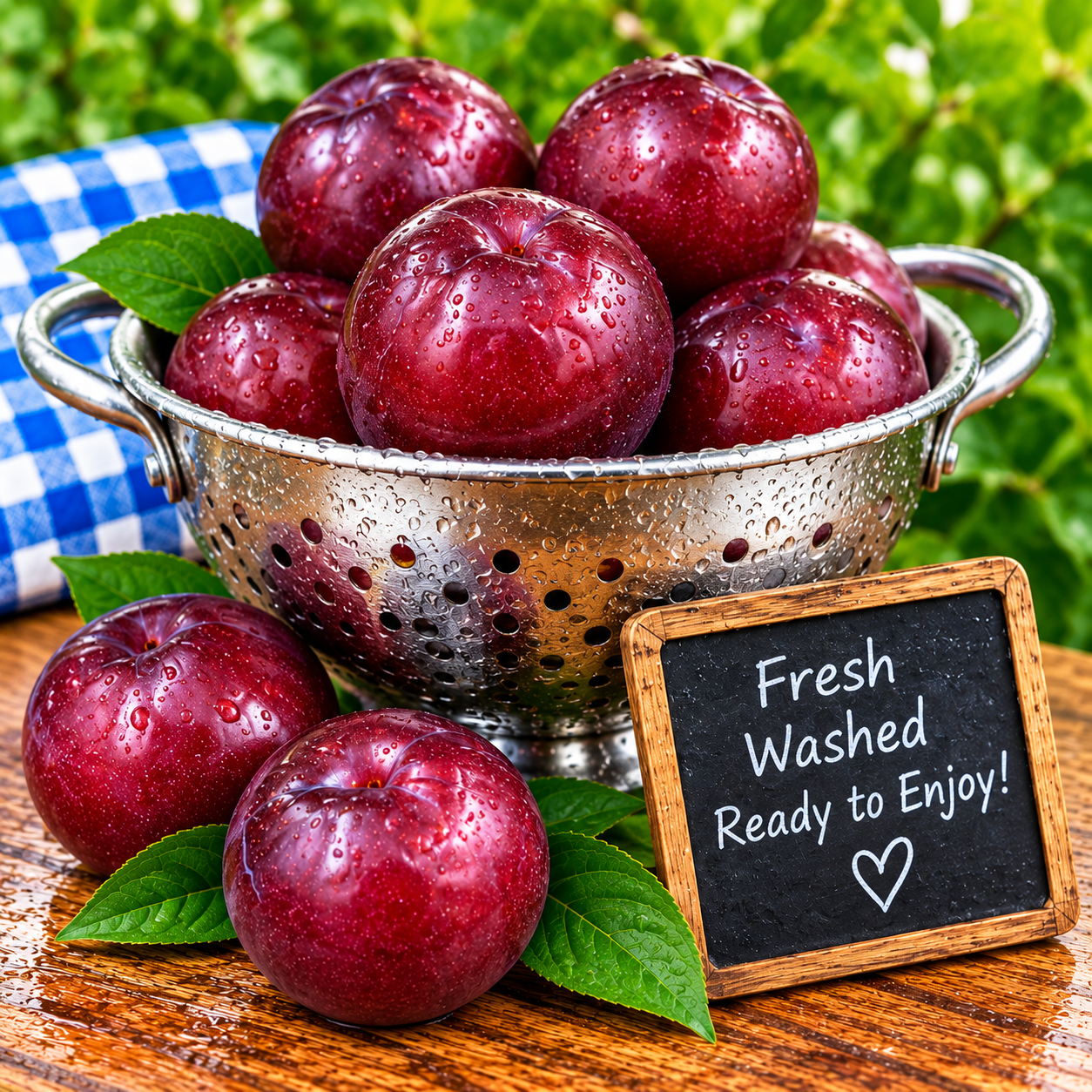 Fresh Sweet Juicy Red Plums freshly washed in a metal colander