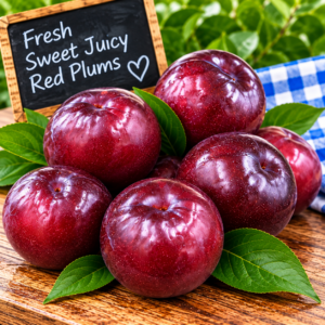 Fresh Sweet Juicy Red Plums displayed on rustic wood with green leaves