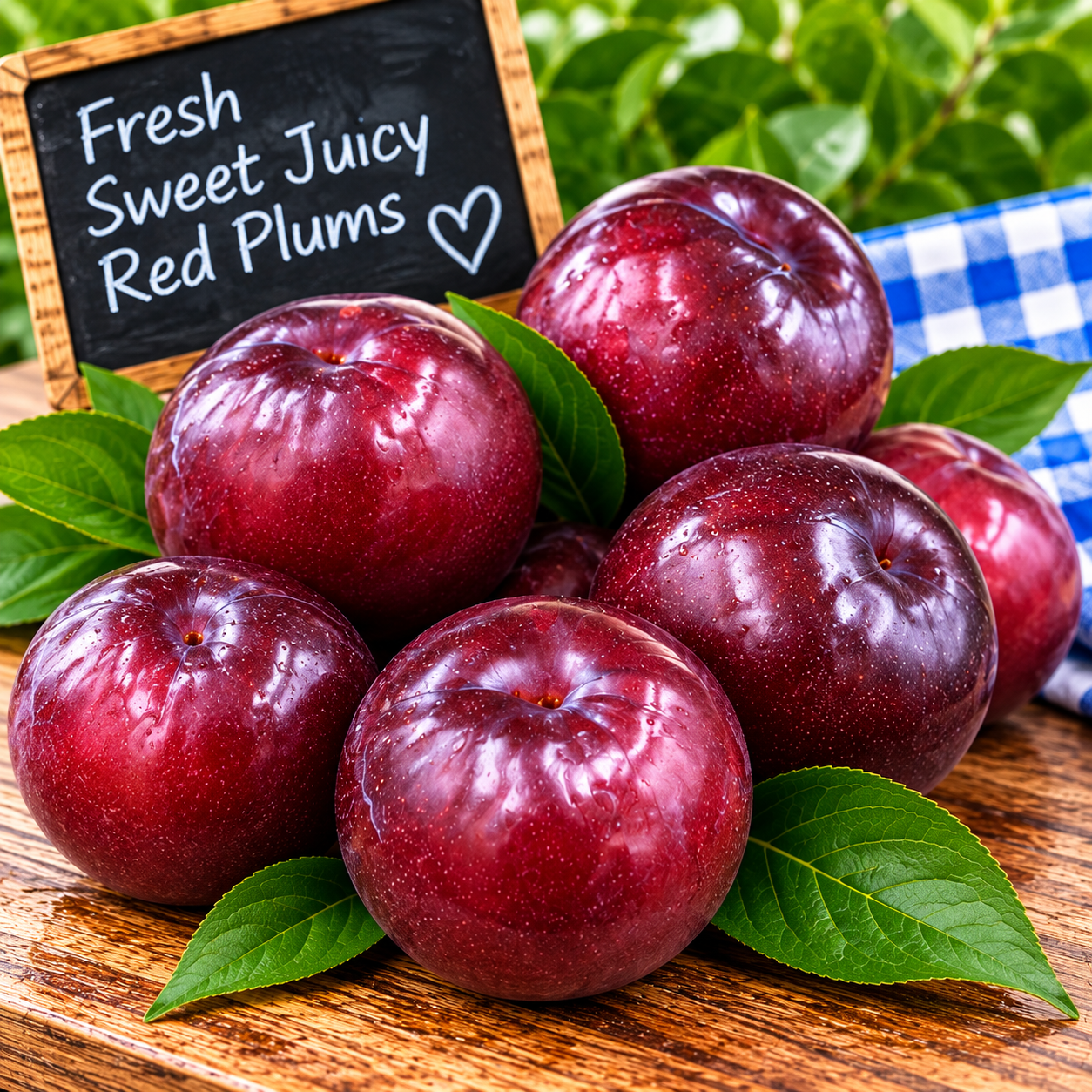 Fresh Sweet Juicy Red Plums displayed on rustic wood with green leaves