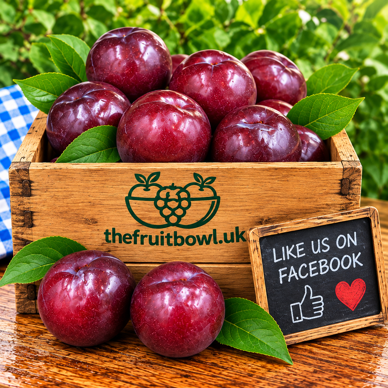 Fresh Sweet Juicy Red Plums displayed in The Fruit Bowl wooden market crate