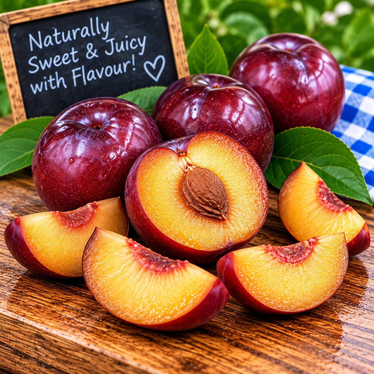 Fresh Sweet Juicy Red Plums whole and cut open showing their golden juicy flesh and stone