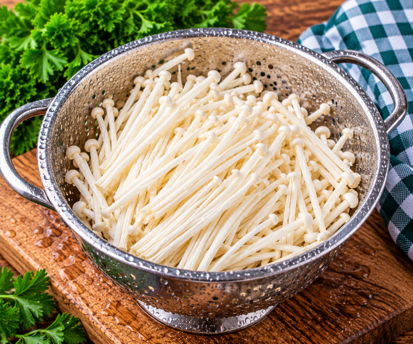 Fresh White Enoki Mushrooms washed and drained in a metal colander