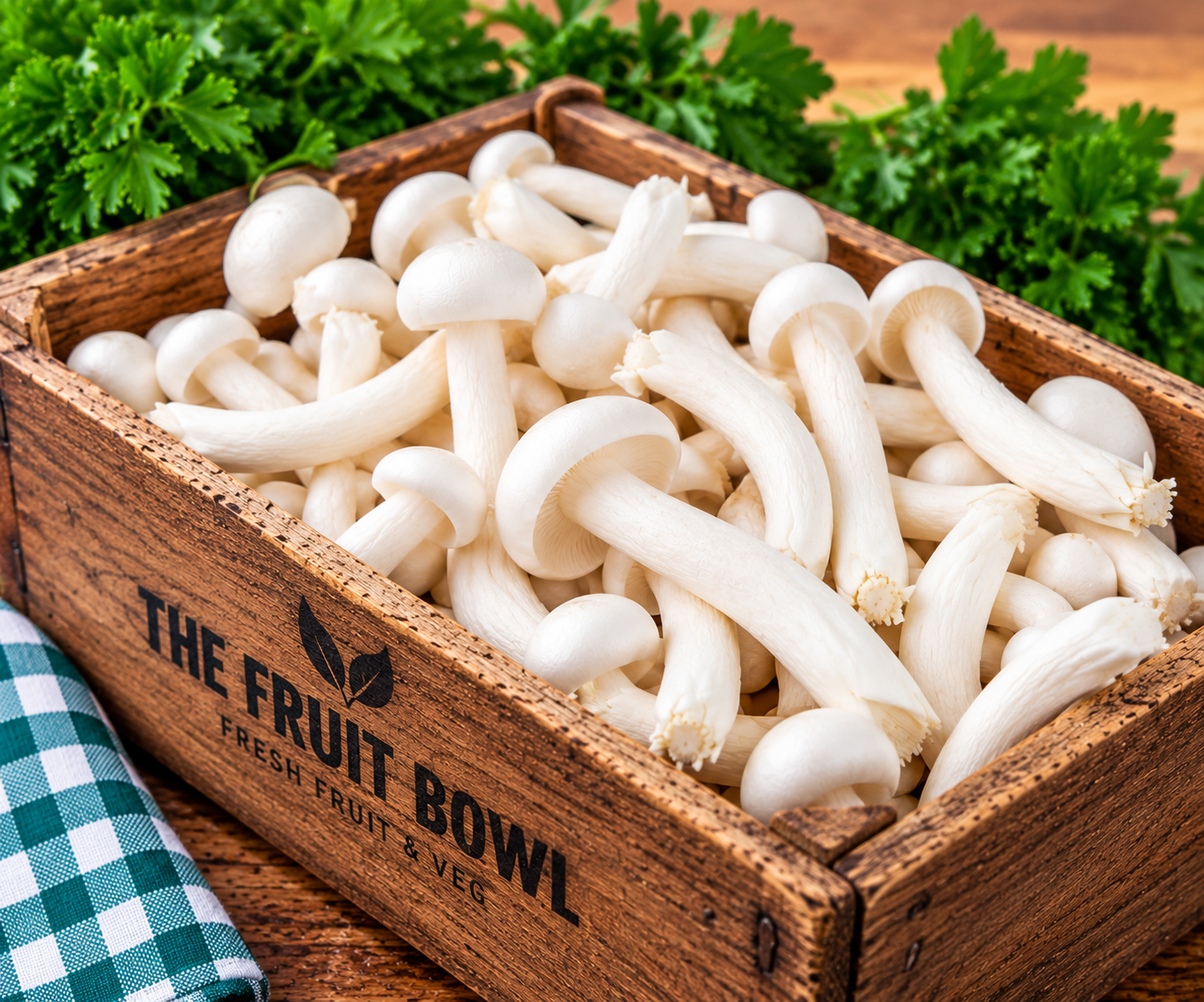 Fresh White Shimeji Mushrooms displayed in a rustic wooden market crate