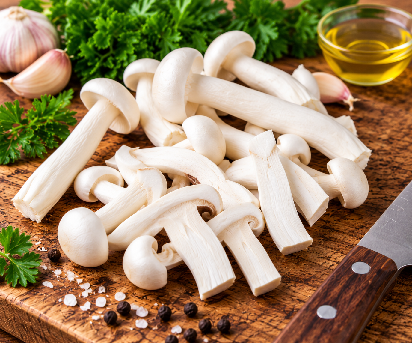 Fresh White Shimeji Mushrooms trimmed and prepared for cooking