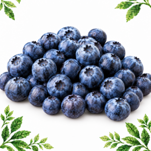 A pile of blue blueberries with a natural pale bloom on a white background framed by illustrated green leaves.