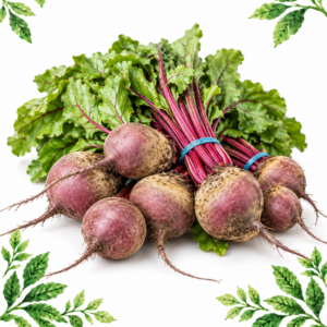 Bunched purple beetroot with red stems and green leafy tops on a white background framed by illustrated green leaves.