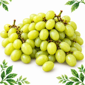 Bunches of pale-green grapes on a white background framed by illustrated green leaves.