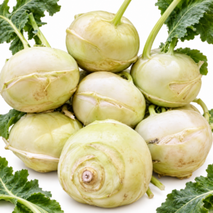 Pale-green kohlrabi bulbs with trimmed stalks on a white background with green leafy corners