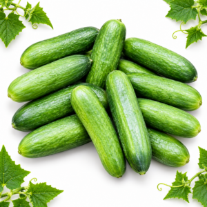 A pile of whole green mini cucumbers on a white background with green leafy corners.