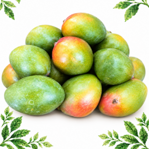 Whole green mangoes with yellow and red blushes on a white background framed by illustrated green leaves.